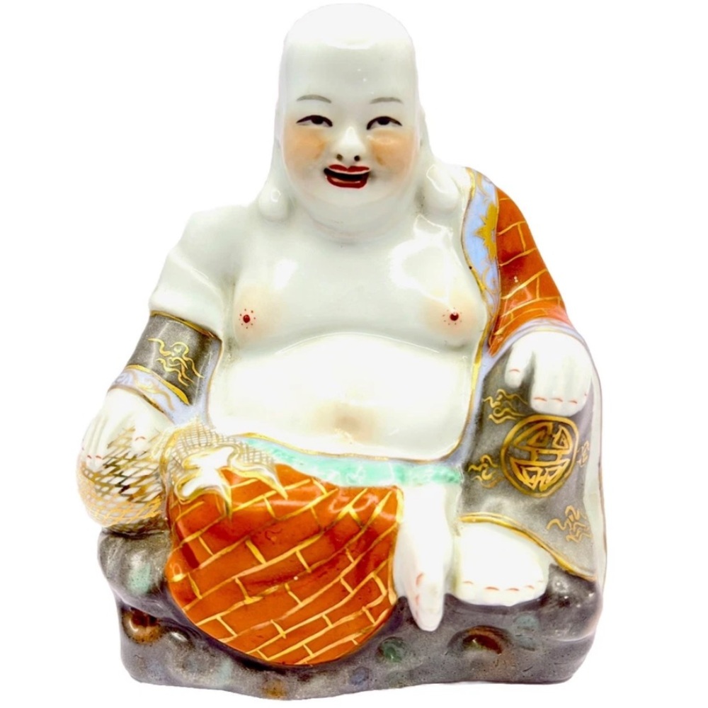 Old Chinese Porcelain Feng Shui Happy Maitreya Laughing Buddha Statue 6” Marked